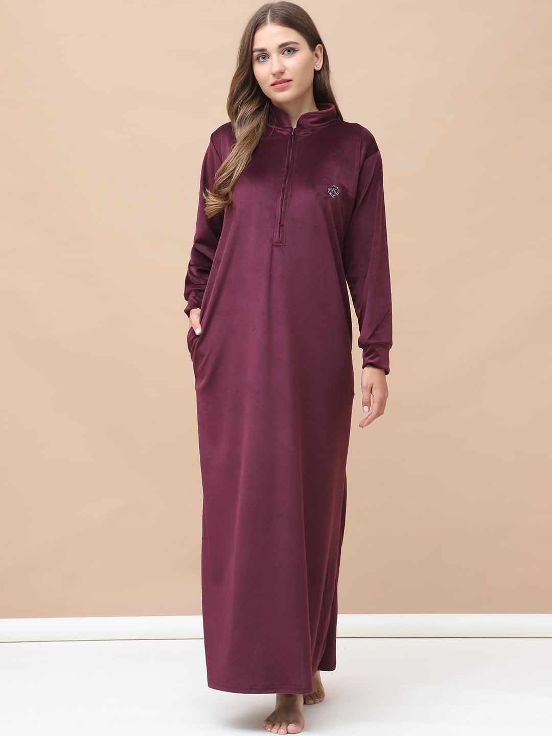 Solid Wine Velvet Nighty Full Length