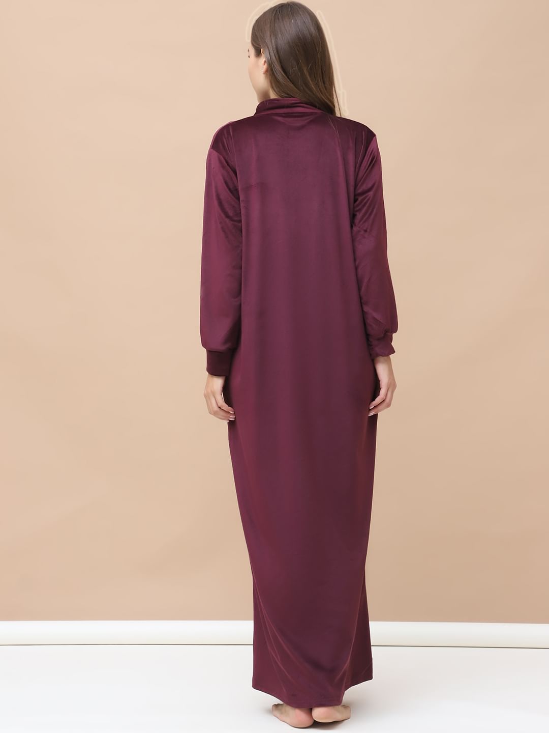 Solid Wine Velvet Nighty Full Length