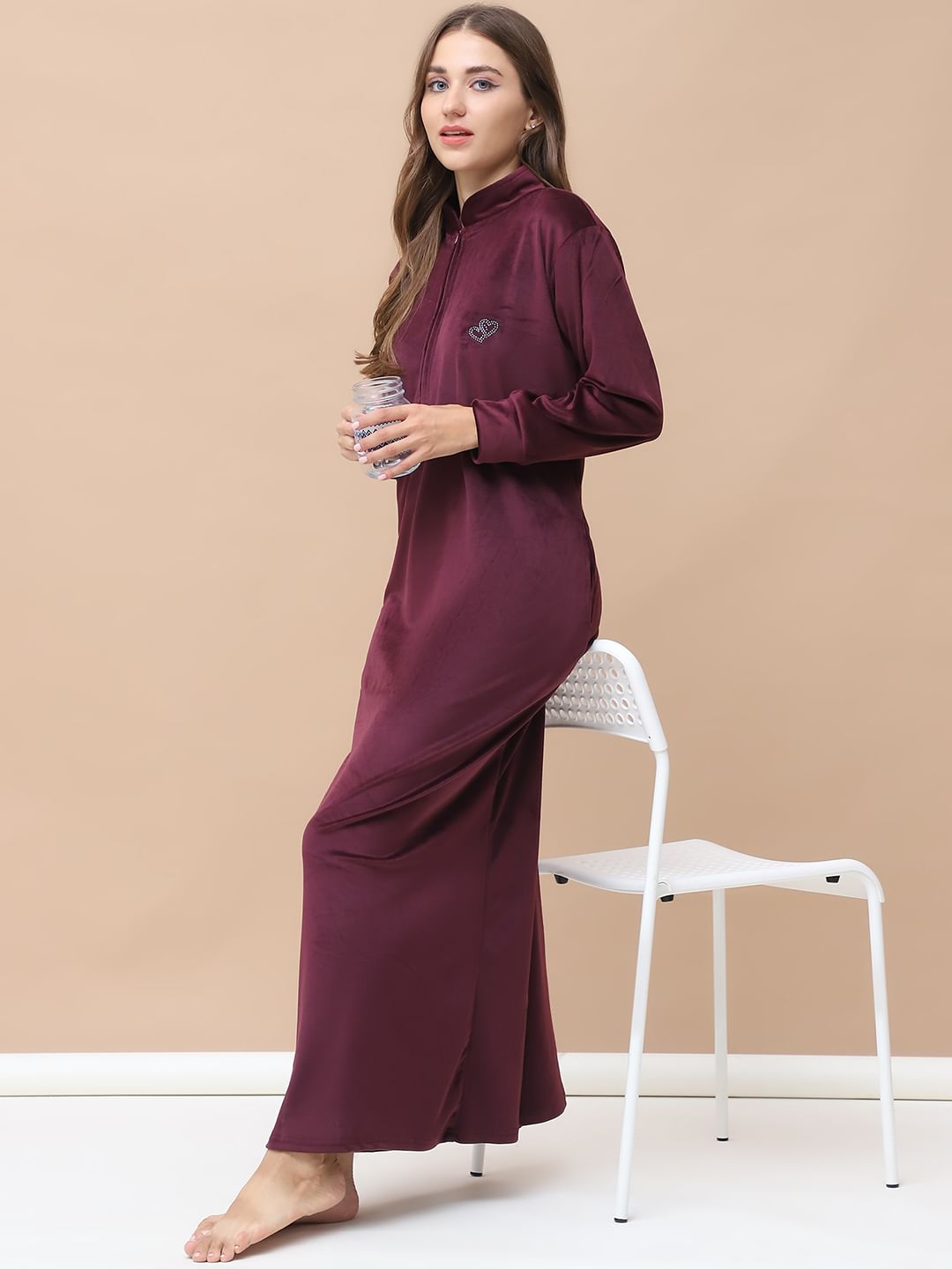 Solid Wine Velvet Nighty Full Length