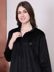 Solid Black Velvet Nighty Full Length