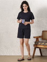 Secret Wish Navy Blue Printed Hosiery Shorts