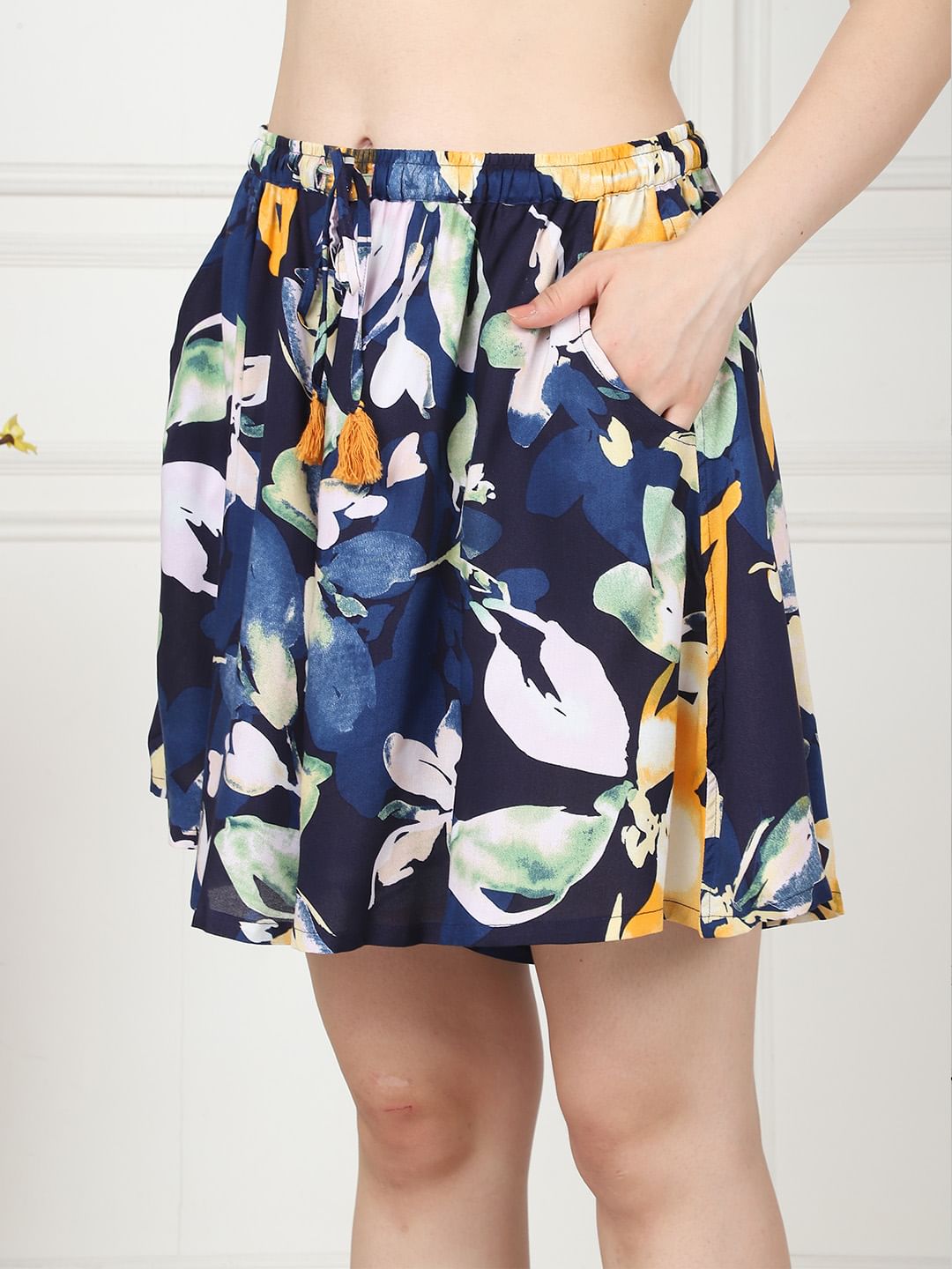 Floral Print Navy Blue Rayon Shorts with Side Pocket