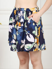Floral Print Navy Blue Rayon Shorts with Side Pocket