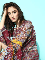 Maroon Ethnic Prints Swimwear CoverUp Dress