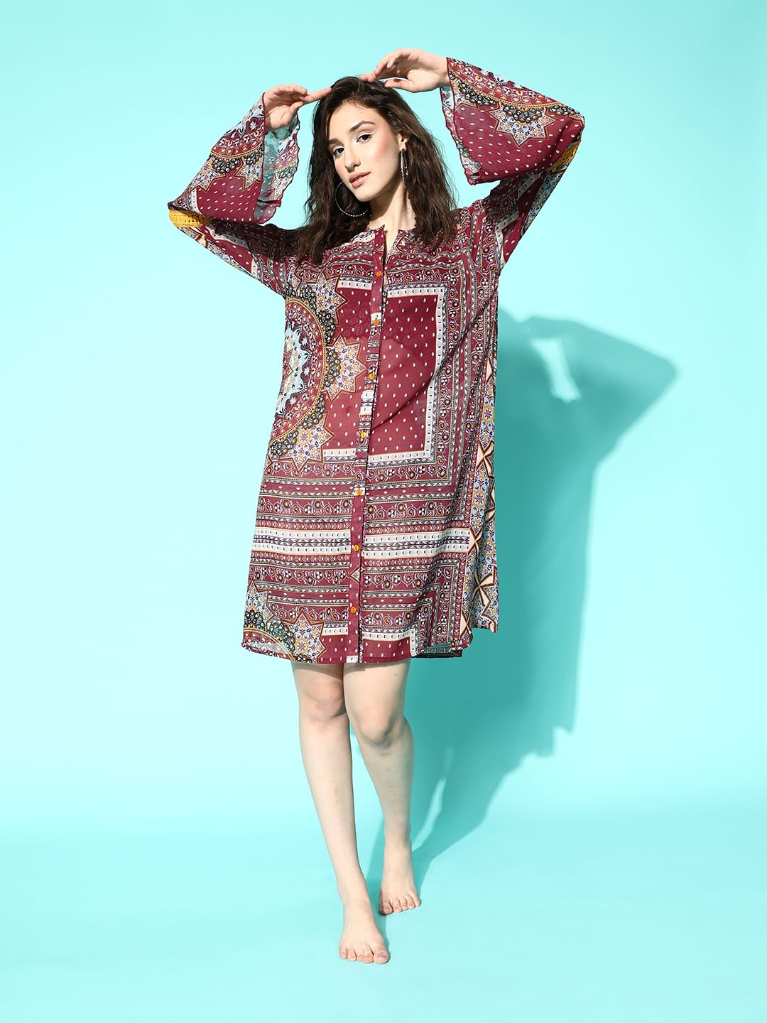 Maroon Ethnic Prints Swimwear CoverUp Dress