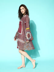 Maroon Ethnic Prints Swimwear CoverUp Dress