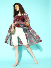 Maroon Ethnic Prints Swimwear CoverUp Dress