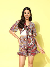 Maroon Ethnic Print Swimwear CoverUp Co-Ord set