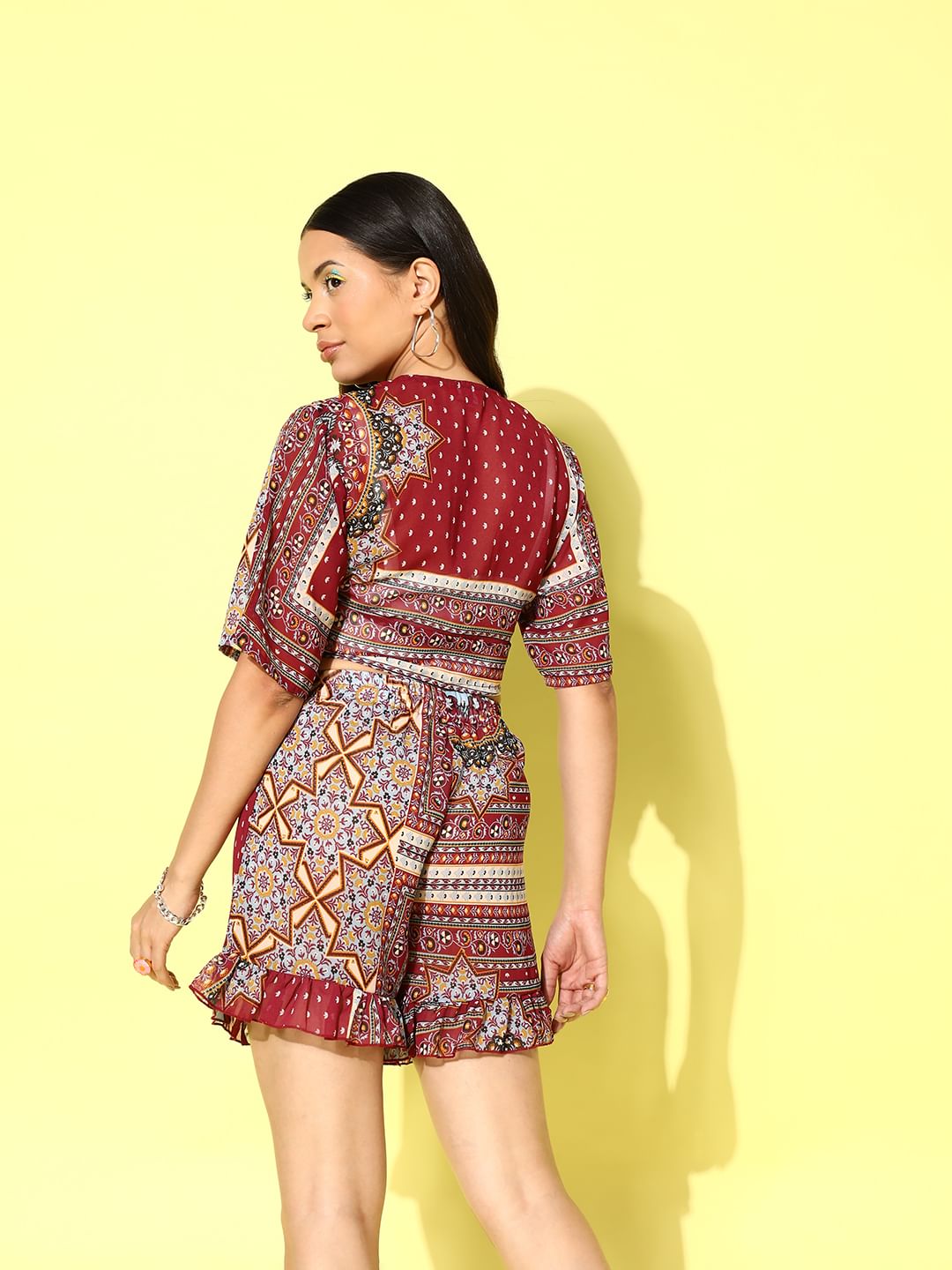 Maroon Ethnic Print Swimwear CoverUp Co-Ord set