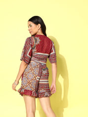 Maroon Ethnic Print Swimwear CoverUp Co-Ord set
