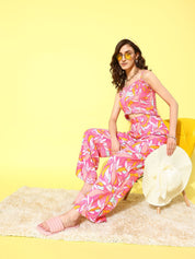Pink Floral Printed Beachwear Cover-up Set