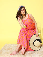 Pink and Orange Floral Print Beachwear Cover-up dress