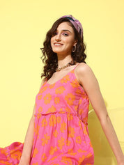 Pink and Orange Floral Print Beachwear Cover-up dress