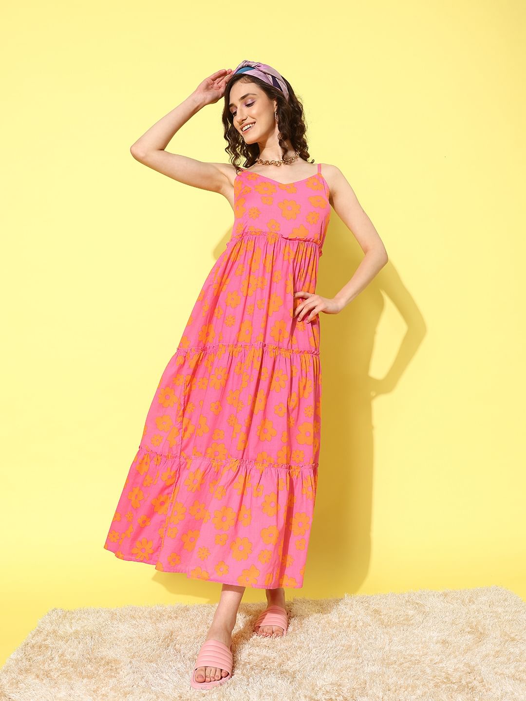 Pink and Orange Floral Print Beachwear Cover-up dress