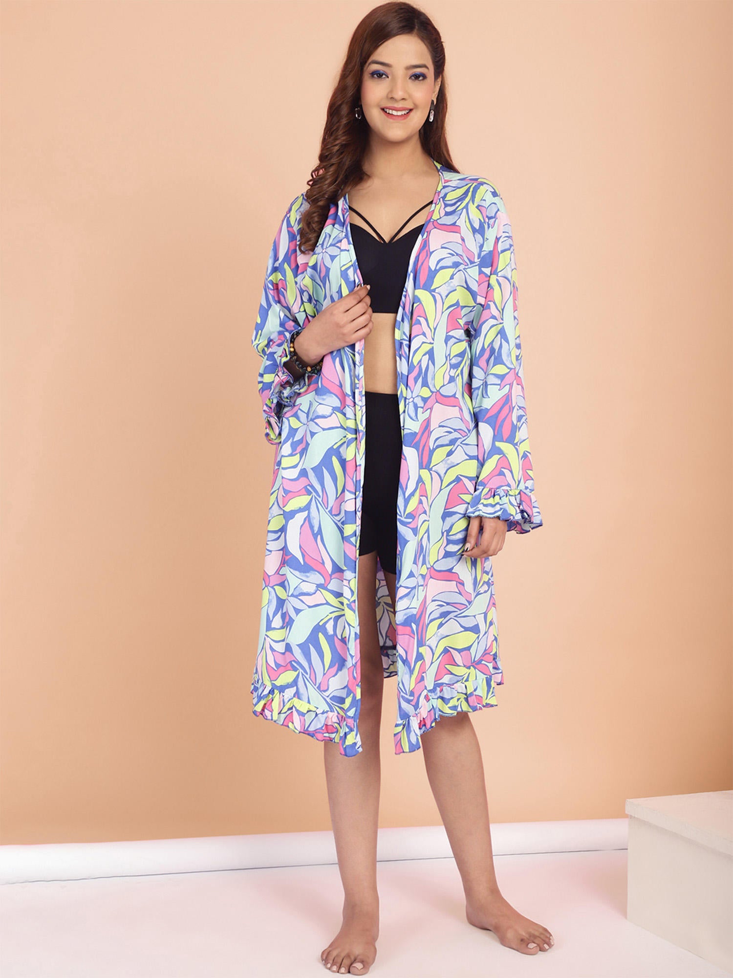 Floral Print Flared Sleeves Swimwear Cover Up Shrug