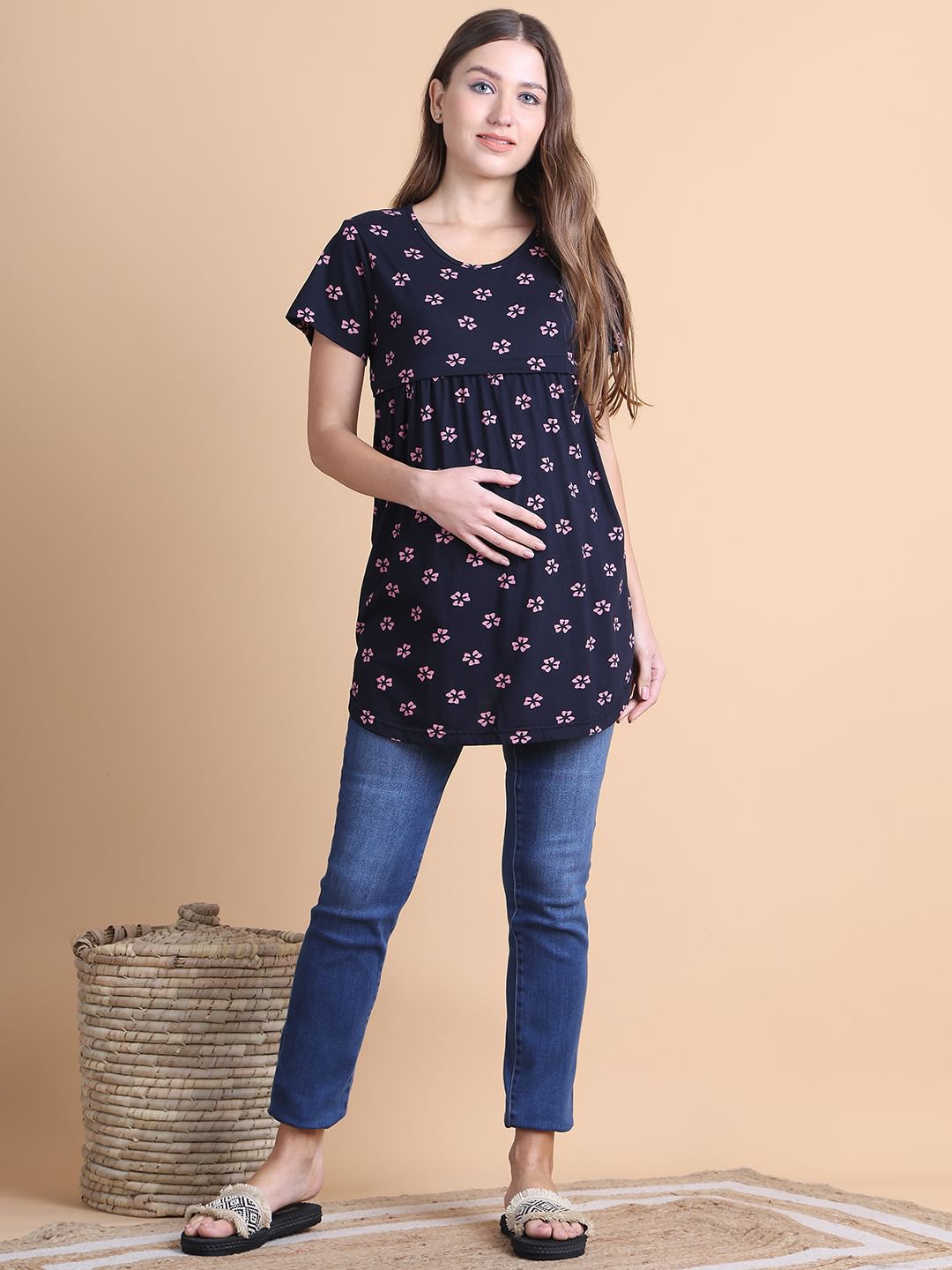 Secret Wish Black Floral Hosiery Maternity Top
