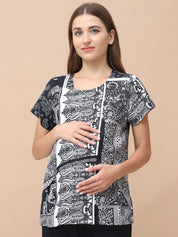 Geometric Print Black Rayon Maternity Nursing Top