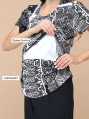 Geometric Print Black Rayon Maternity Nursing Top
