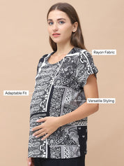 Geometric Print Black Rayon Maternity Nursing Top