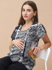Geometric Print Black Rayon Maternity Nursing Top
