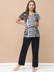 Geometric Print Black Rayon Maternity Nursing Top