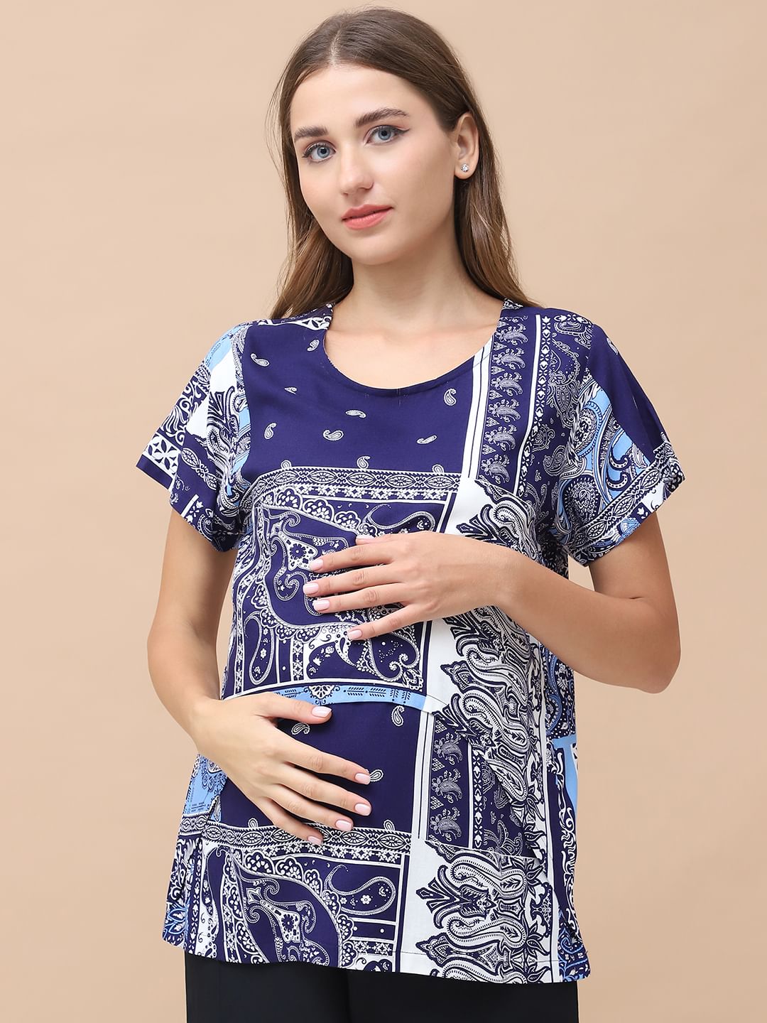 Geometric Print Blue Rayon Maternity Nursing Top