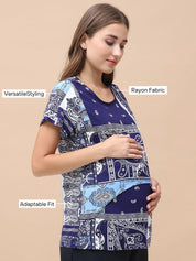 Geometric Print Blue Rayon Maternity Nursing Top