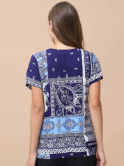Geometric Print Blue Rayon Maternity Nursing Top