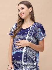 Geometric Print Blue Rayon Maternity Nursing Top