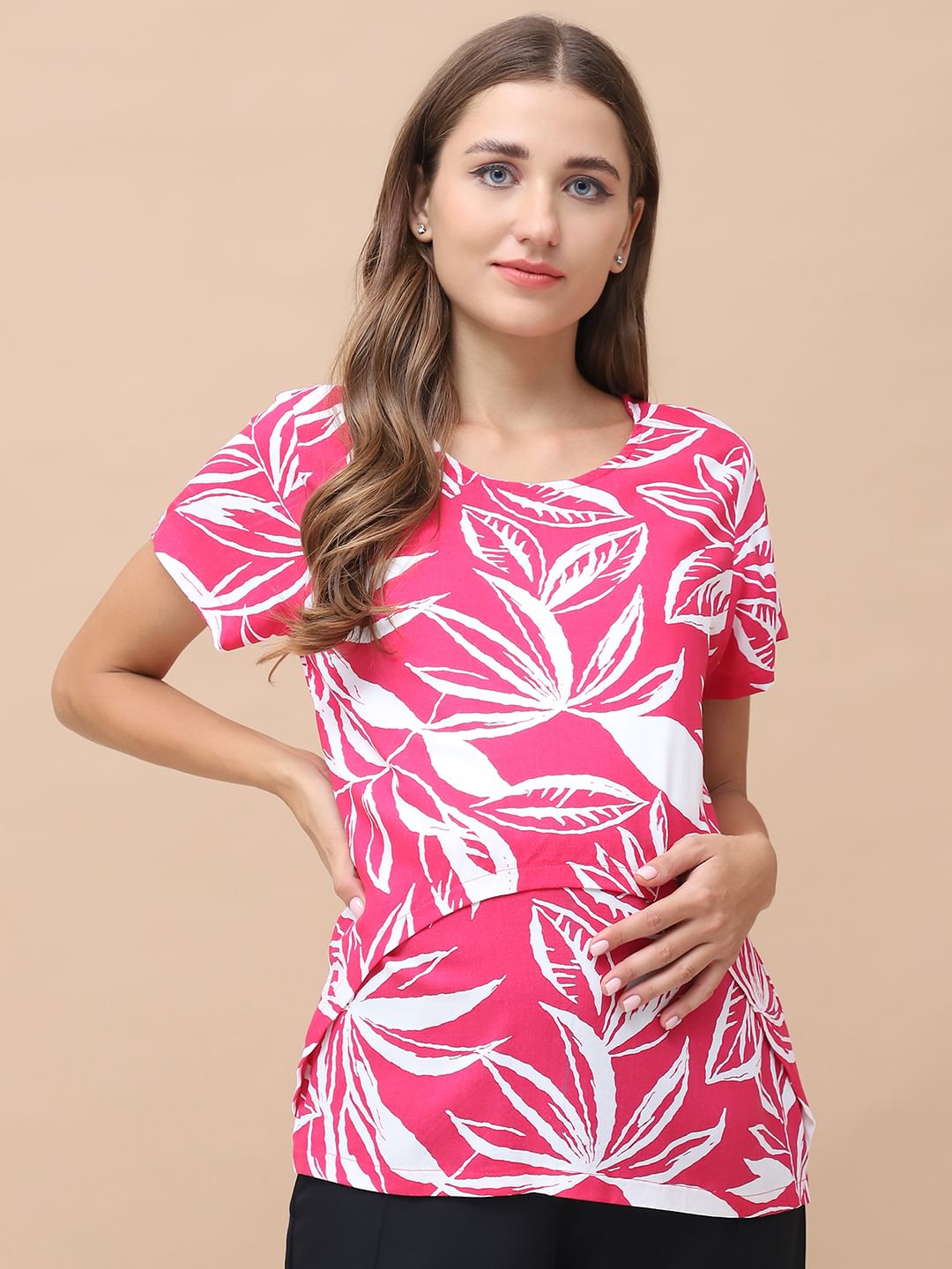 Floral Print Pink Rayon Maternity Nursing Top