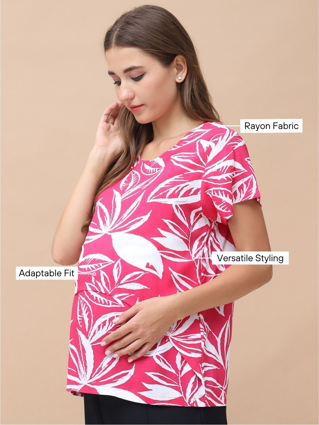Floral Print Pink Rayon Maternity Nursing Top