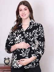 Secret Wish Floral Print Black Rayon Maternity Wrap Top