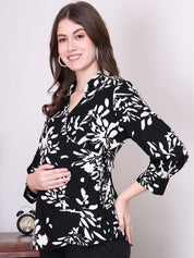 Secret Wish Floral Print Black Rayon Maternity Wrap Top