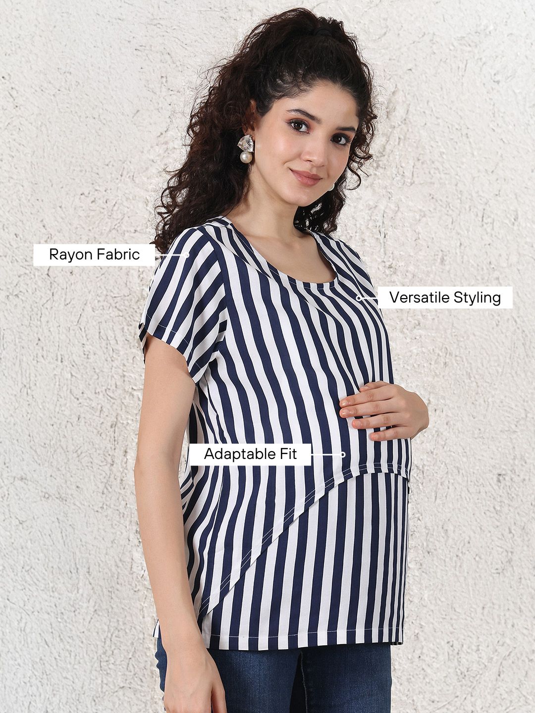 Secret Wish Navy Blue Striped Rayon Zipless Maternity Top