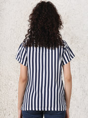 Secret Wish Navy Blue Striped Rayon Zipless Maternity Top