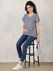 Secret Wish Navy Blue Striped Rayon Zipless Maternity Top