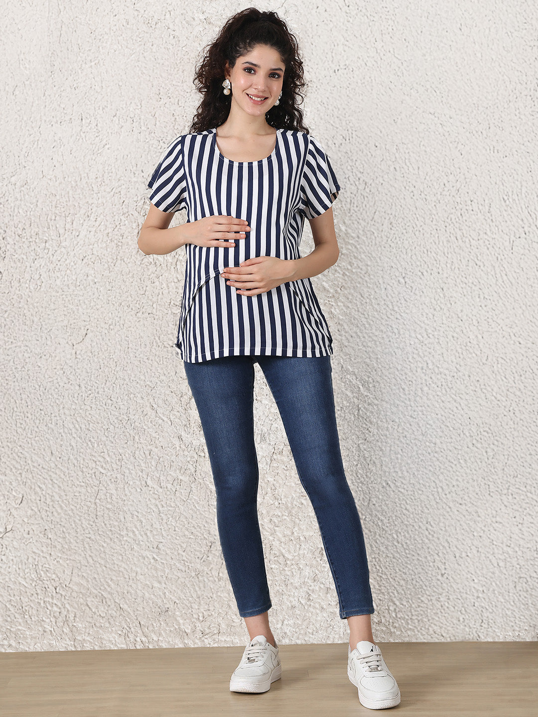 Secret Wish Navy Blue Striped Rayon Zipless Maternity Top