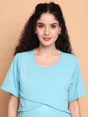 Blue Solid Poly Rib Zipless Maternity Top