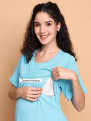 Blue Solid Poly Rib Zipless Maternity Top