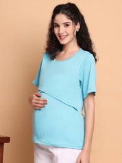 Blue Solid Poly Rib Zipless Maternity Top