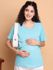 Blue Solid Poly Rib Zipless Maternity Top