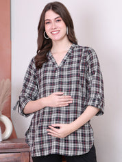 Secret Wish Checks Print Black Cotton Maternity Top