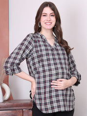 Secret Wish Checks Print Black Cotton Maternity Top
