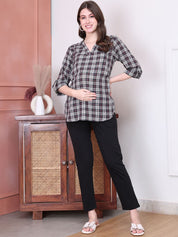 Secret Wish Checks Print Black Cotton Maternity Top