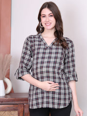 Secret Wish Checks Print Black Cotton Maternity Top