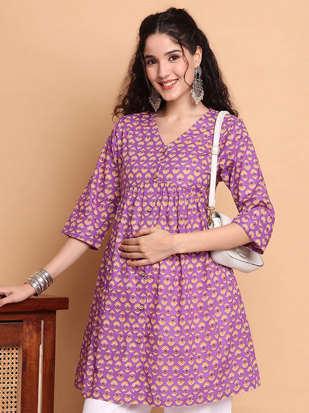Purple Floral Cotton Maternity Tunic