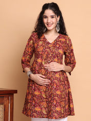 Brown Floral Cotton Maternity Tunic