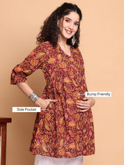 Brown Floral Cotton Maternity Tunic