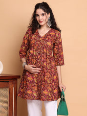 Brown Floral Cotton Maternity Tunic