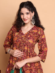 Brown Floral Cotton Maternity Tunic